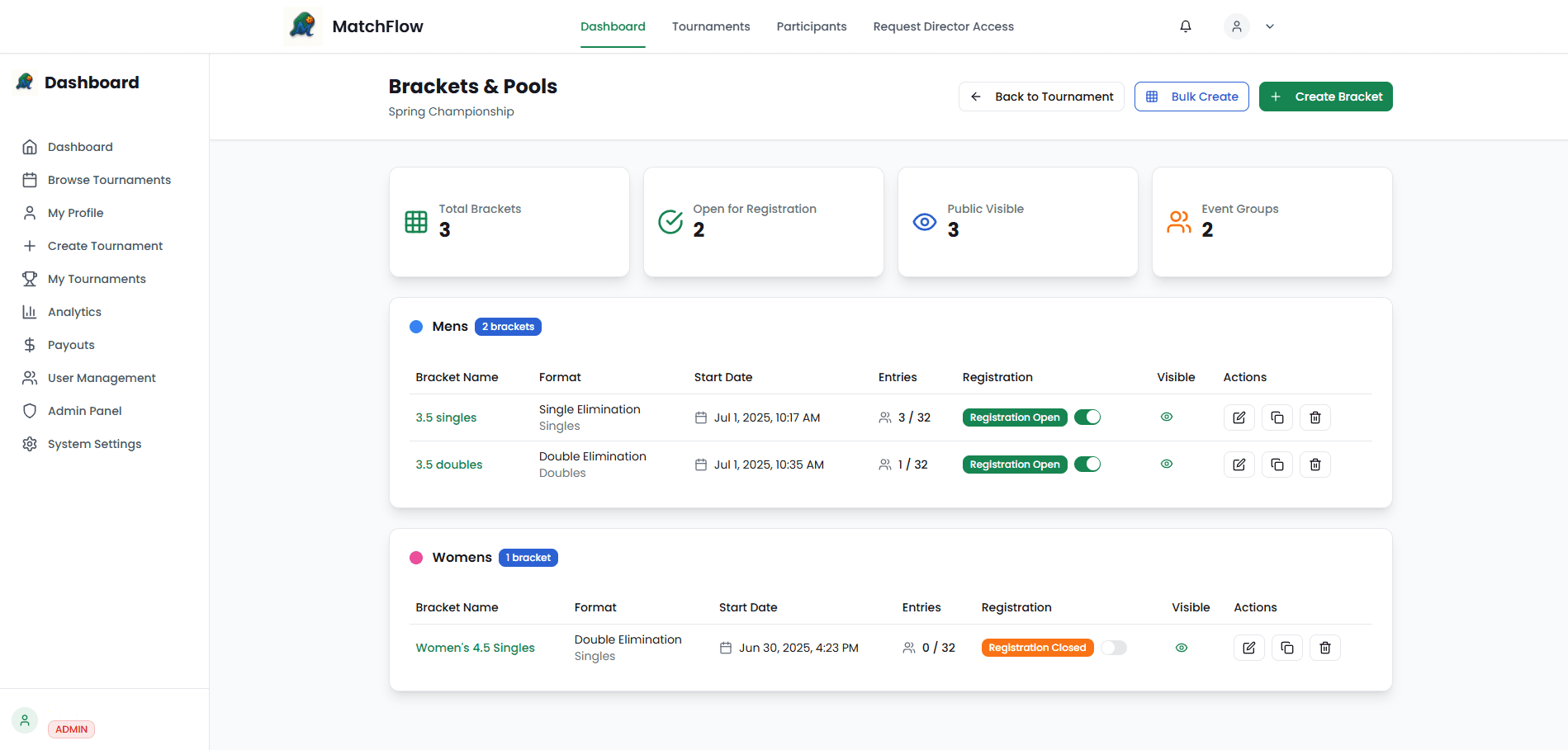 Bracket Management Interface Screenshot