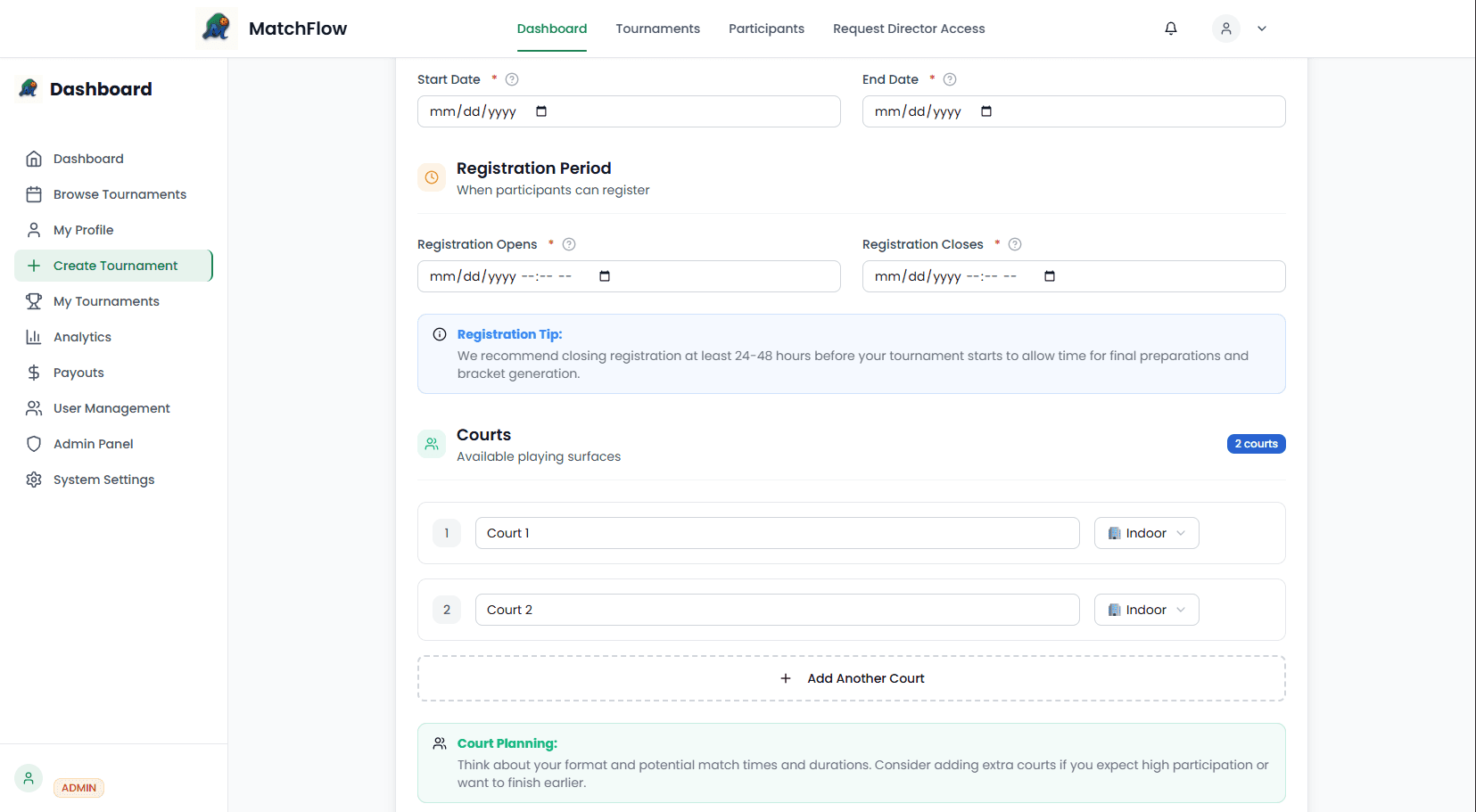 Tournament Creation Interface Screenshot
